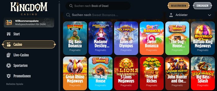 Kingdom Casino Screenshot mit der Slot Auswahl.