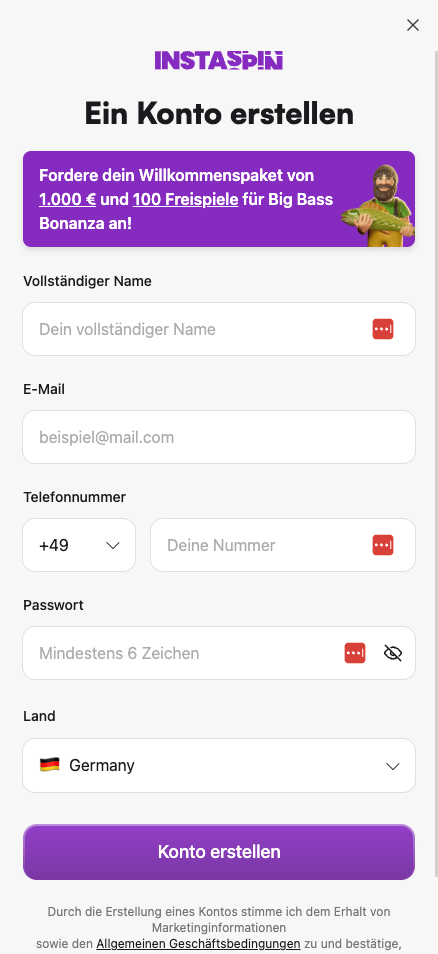 Das Registrierungsformular im Insta Spin Casino