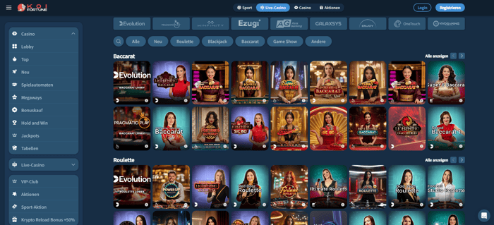 Koifortune Casino Screenshot mit dem Live Casino.