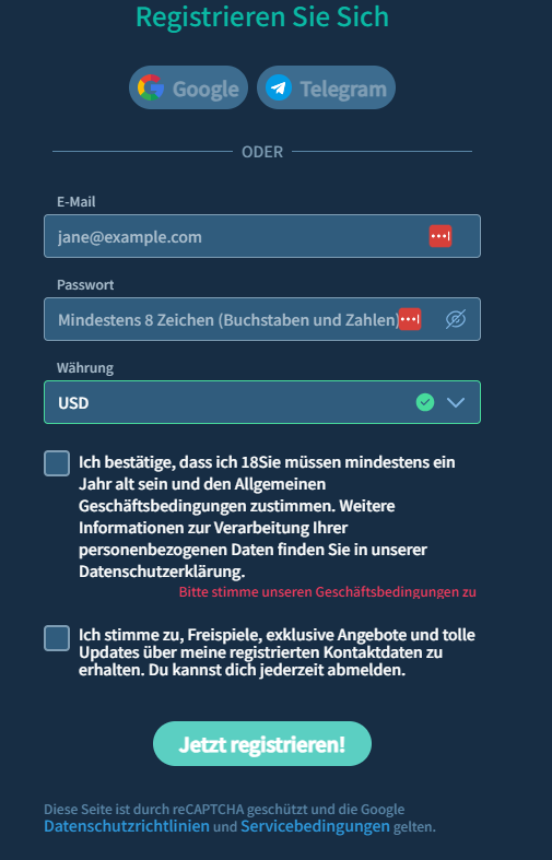 Koifurtune Casino Screenshot mit der Anmeldeseite.,