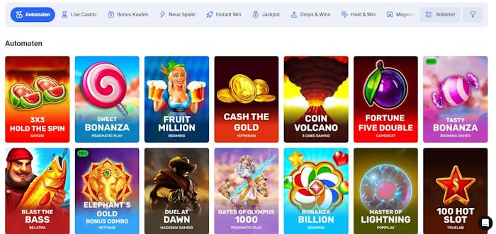 Spiellobby im Koru Casino zeigt Automaten wie Cash to Gold neben anderen Spielkategorien