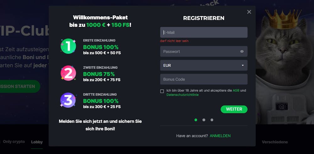 Kosmonaut Casino Kontoeröffnung