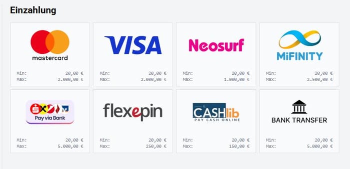 Kudosbet Casino Screenshot mit dem Zahlungsbereich.