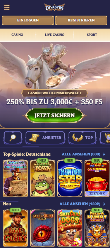 Startseite des Divaspin Casinos zeigt Willkommensbonus und Spielkategorien