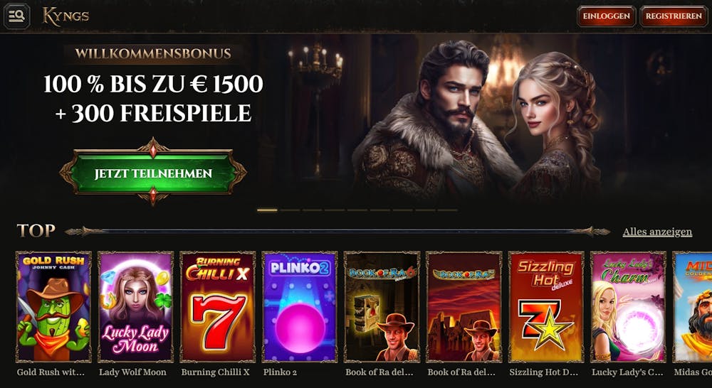 Kyngs Casino Screenshot mit dem WIllkommensangebot bis 1500 € und 300 Freispiele.