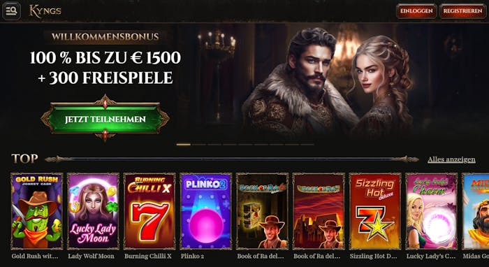 Kyngs Casino Screenshot mit dem WIllkommensangebot bis 1500 € und 300 Freispiele.