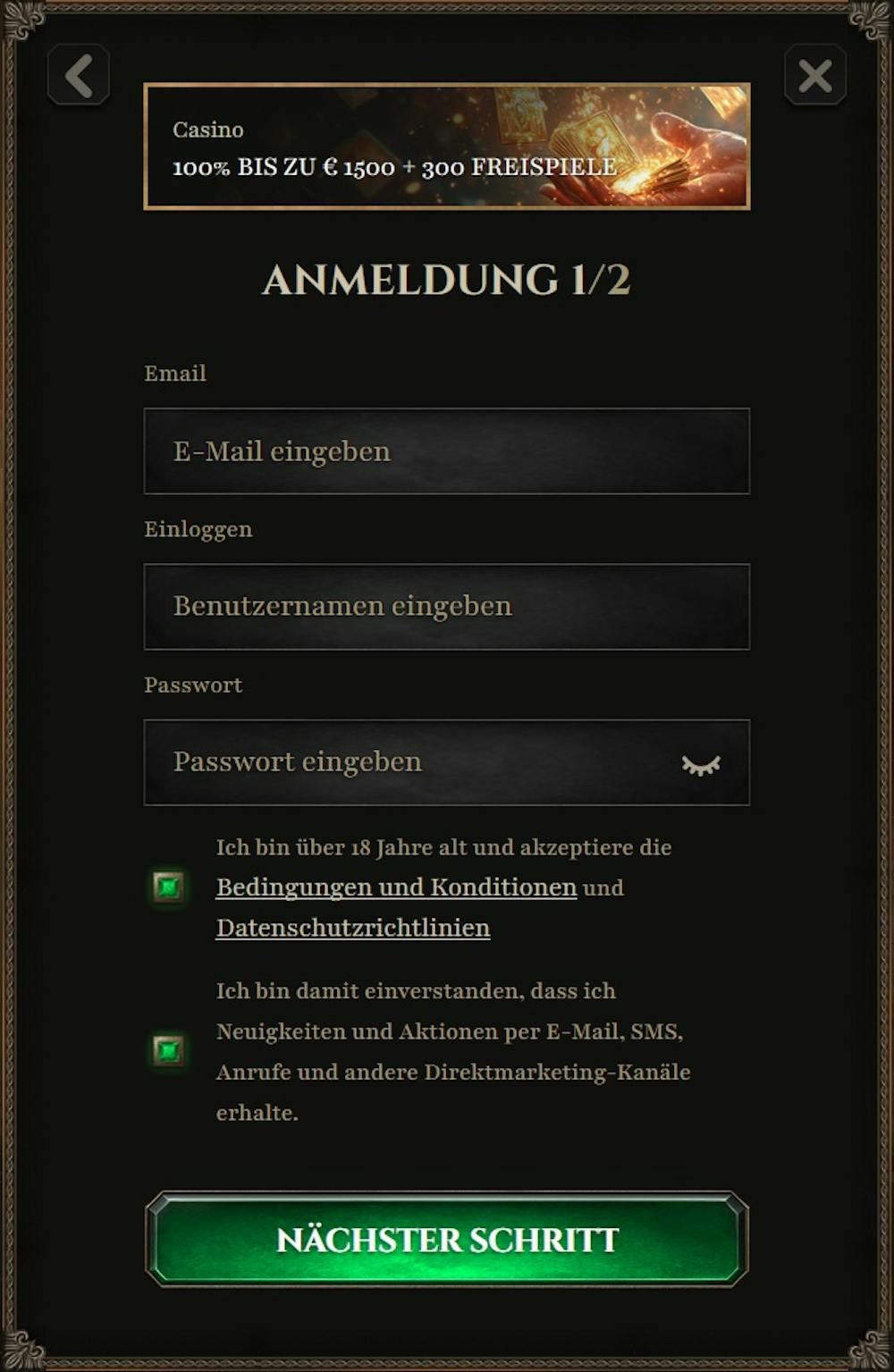 Kyngs Casino Screenshot mit der Anmeldemaske, in welche Email Adresse, Benutzername und Passwort zum Anmelden eingegeben werden können.