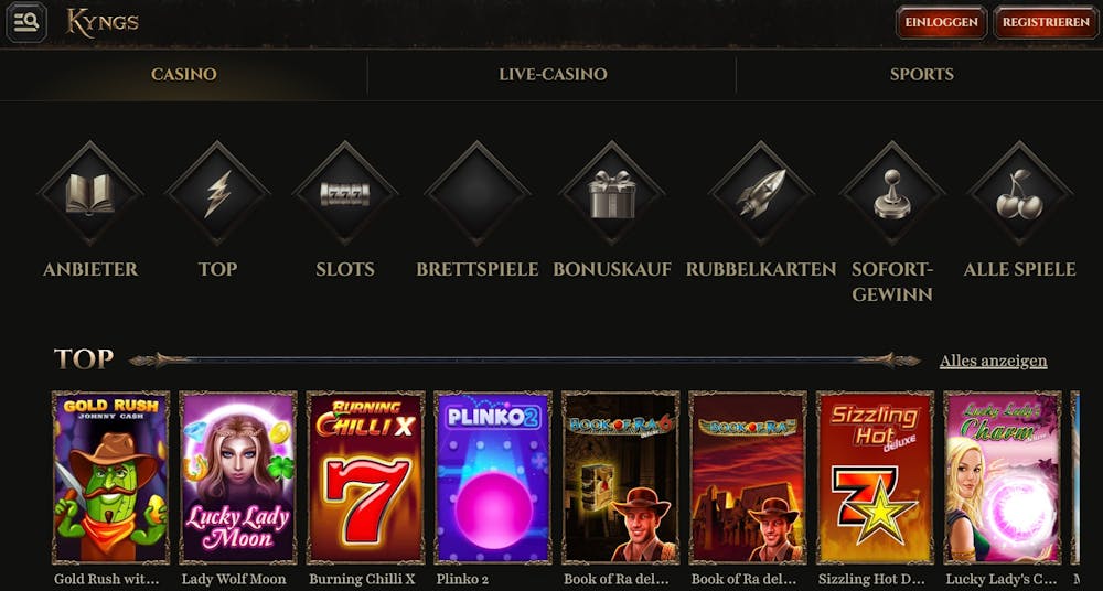 Kyngs Casino Screenshot mit der Slot Auwahl, darunter Book of Ra Deluxe.