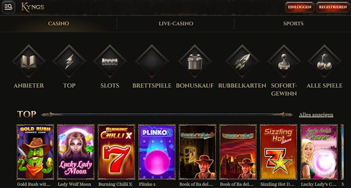 Kyngs Casino Screenshot mit der Slot Auwahl, darunter Book of Ra Deluxe.