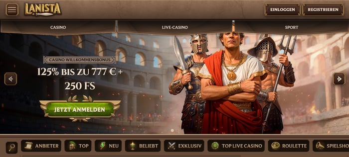 Startseite im Lanista Casino zeigt Willkommensbonusangebot und Spielkategorien