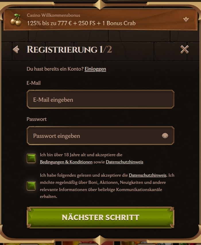 Anmeldeformular im Lanista Casino