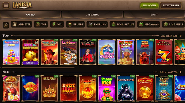 Spiellobby im Lanista Casino zeigt top Spiele wie Sugar Rush neben anderen Spielkategorien