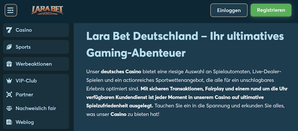 Larabet Casino Screenshot in grau-blau Tönen. Zu sehen ist das Menü links und rechts ein Einführungstext mit Informationen über das Larabet Casino.