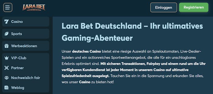 Larabet Casino Screenshot in grau-blau Tönen. Zu sehen ist das Menü links und rechts ein Einführungstext mit Informationen über das Larabet Casino.