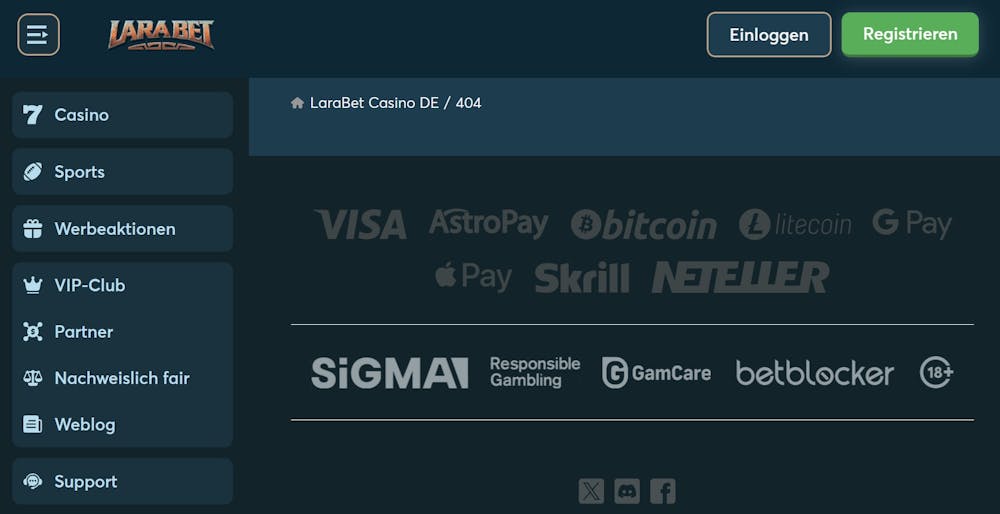 Screenshot vom Larabet Casino in blau, zu sehen ist links das Menü und rechts die Zahlungsmethoden. Oben sind die Buttons zum Anmelden und Registrieren.