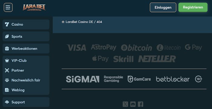 Screenshot vom Larabet Casino in blau, zu sehen ist links das Menü und rechts die Zahlungsmethoden. Oben sind die Buttons zum Anmelden und Registrieren.