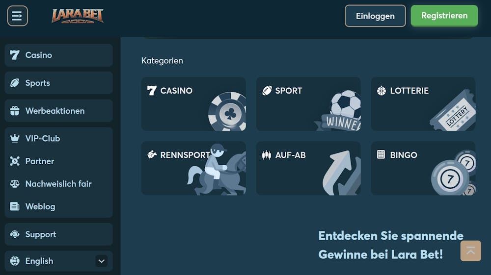 Larabet Casino Screenshot mit der Spieleauswahl, darunter der Casino Bereich, Sportwetten, die Lotterie und Rennsport.
