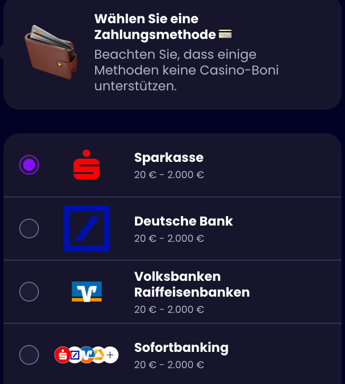 Auswahl von Bankoptionen zur Einzahlung im Casino