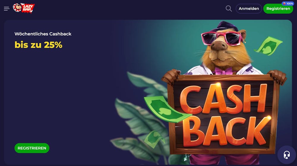 Die Homepage von Lazybar, rechts ein Bär mit Sonnenbrille, darunter ein Hinweis über das Cashback Angebot