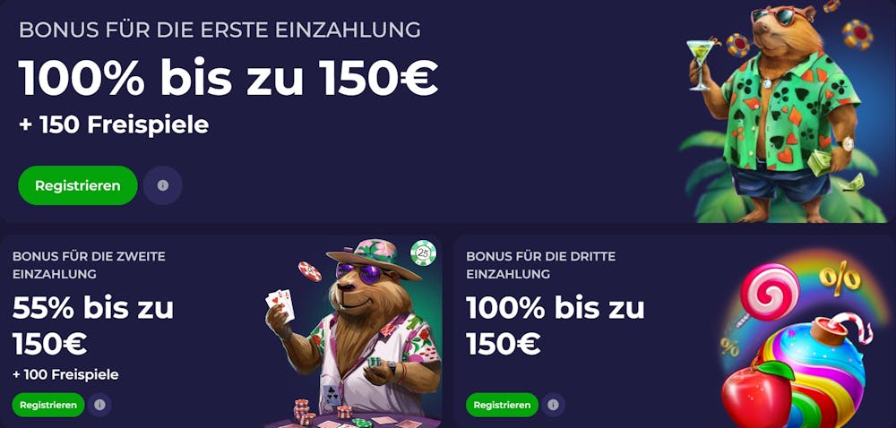 Eine Übersicht über die verschiedenen Willkommensboni bei Lazybar. der erste verleiht 100% bis zu 150€ + 150 Freispiele