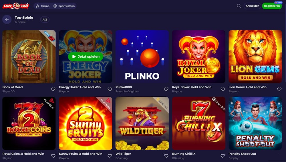 Eine Übersicht an vielen verschiedenen Titeln bei Lazybar Casino, mit Hits wie Plinko und Fire Joker 2