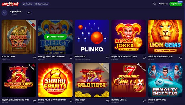 Eine Übersicht an vielen verschiedenen Titeln bei Lazybar Casino, mit Hits wie Plinko und Fire Joker 2