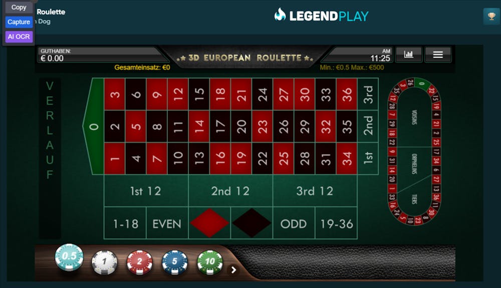 Rot Schwarze Zahlen Felder von europäischem Roulette 3d bei Legend Play Casino