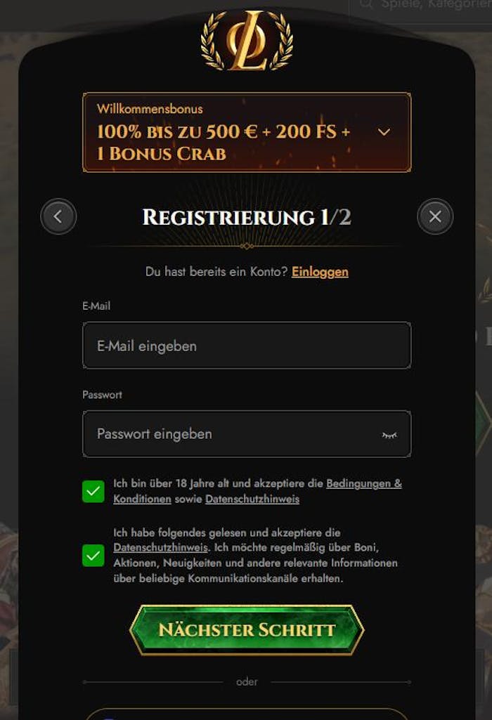 Anmeldeformular im Legiano Casino