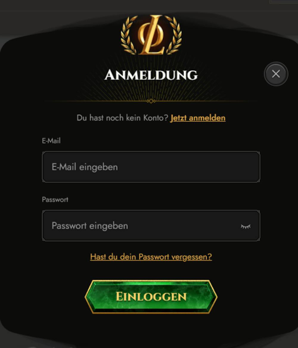 Anmeldemaske für Legiano Casino mit den Feldern Profil und Passwort