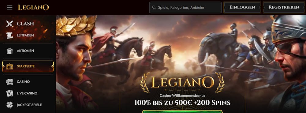 Homepage von Legiano Casino, links eine Menü Übersicht, rechts eine Schlacht zwischen 2 römischen Legionären