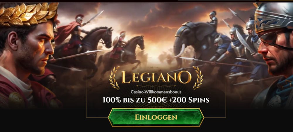 Willkommensbonus von Legiano Casino, 100% bis zu 500€ +20 Freispiele, im Hintergrund 2 kämpfende Armeen aus Legionären 