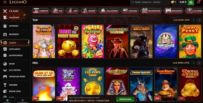 Spiellobby im Legiano Casino zeigt Spiele wie Book of Ra neben anderen Spielkategorien