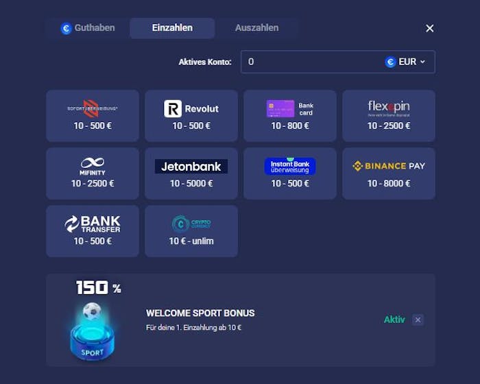 Einzahlungsmethoden im Legzo Casino