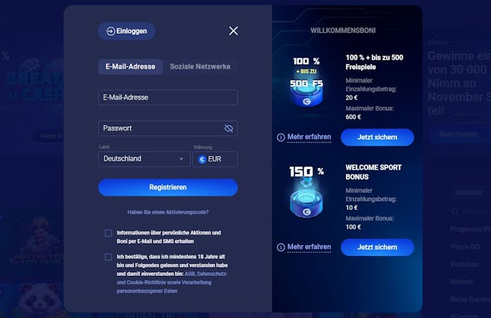 Anmeldeformular im Legzo Casino