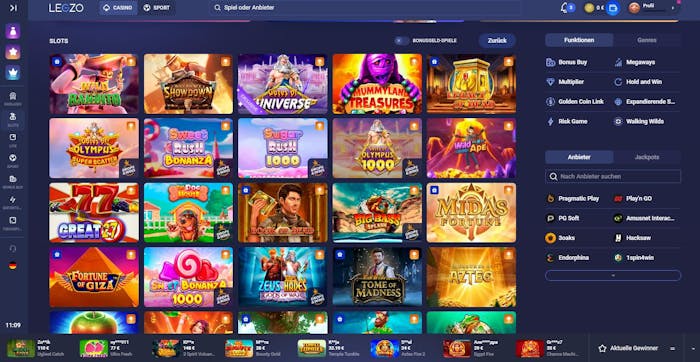 Spiellobby im Legzo Casino zeigt Slots wie Gates of Olympus neben Funktionen und Anbieterfiltern