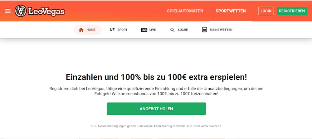 Die Homepage von Leovegas Casino mit einer Beschreibung über den Willkommensbonus von 100 % bis zu 100 €