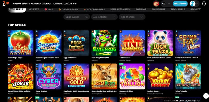 Spiellobby im LevelUp Casino zeigt top Spiele wie Elvis Frog neben anderen Spielkategorien