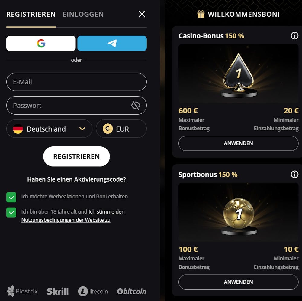 Lex Casino Registrierungsformular mit Bonusauswahl