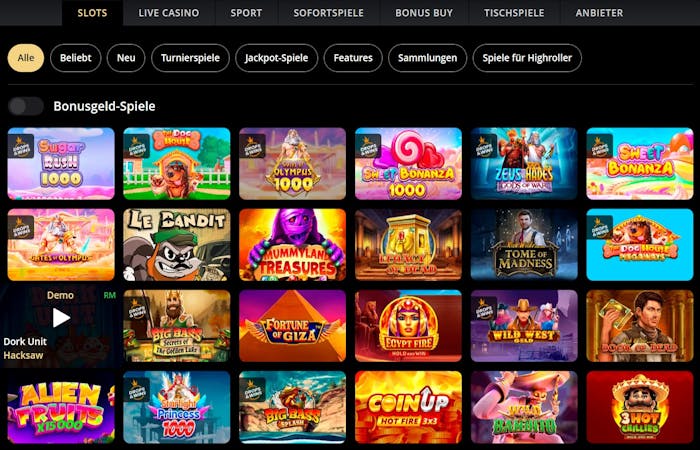 Lex Casino Spiellobby mit Bonusgeld Spielen