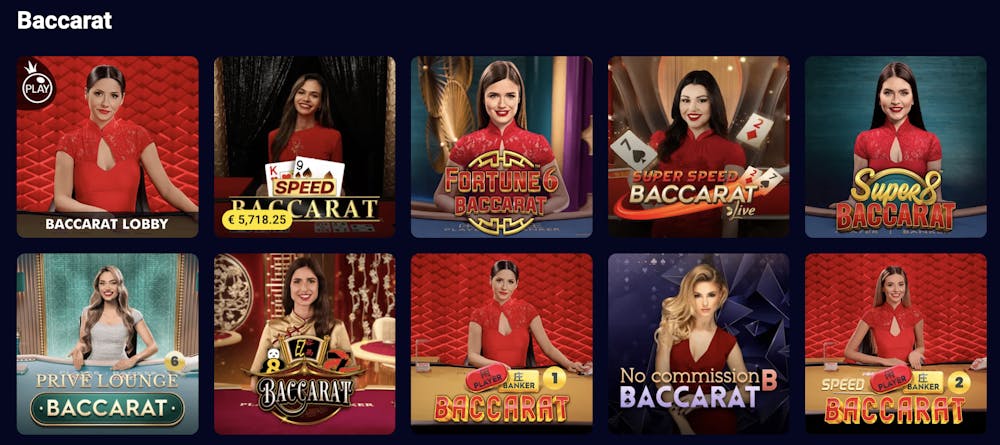 Spielauswahlbeispiel für ein Live Baccarat Casino