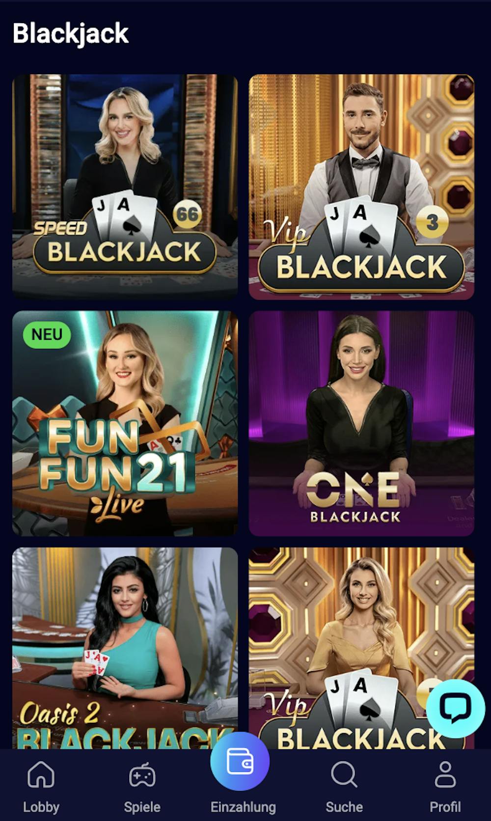 Beispielauswahl von Live Blackjack Spielen auf mobiler Ansicht