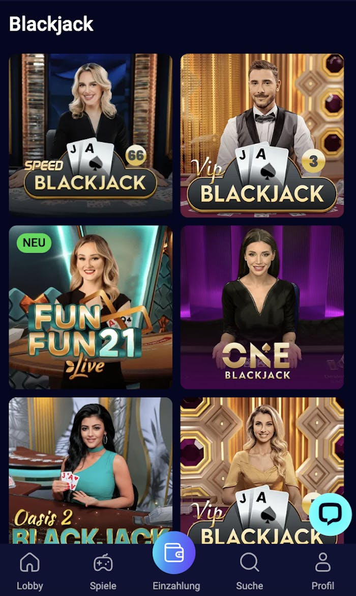 Beispielauswahl von Live Blackjack Spielen auf mobiler Ansicht