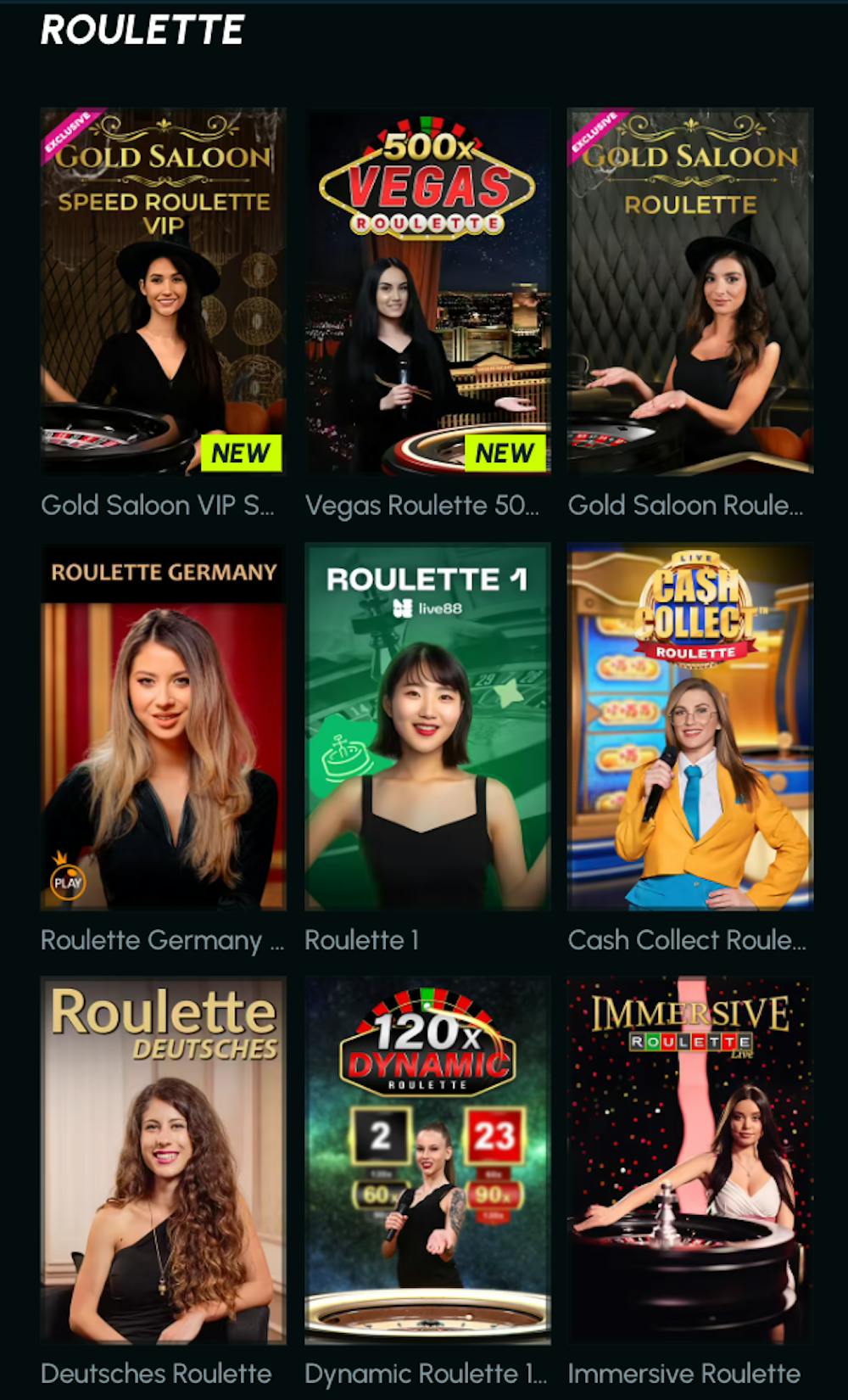 Mobile Ansicht einer Casino Spielauswahl mit Roulette Live Spielen