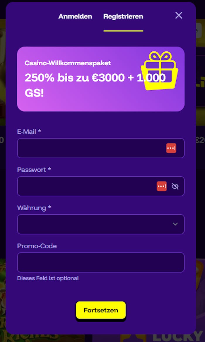 Live Winz Casino Screenshot mit der Anmeldeseite zum Eingeben der Daten.