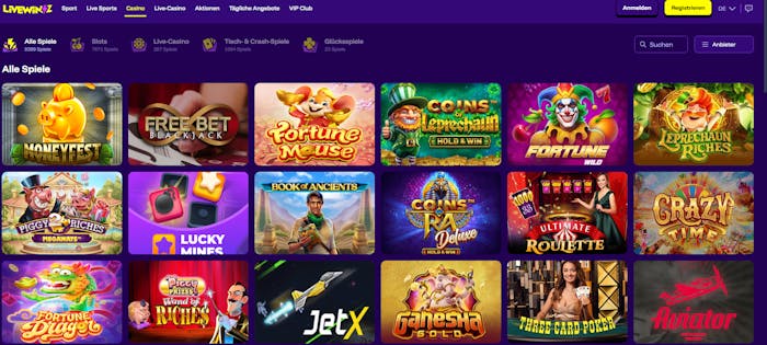 Live Winz Casino Screenshot mit der Auswahl der Casino Spiele.