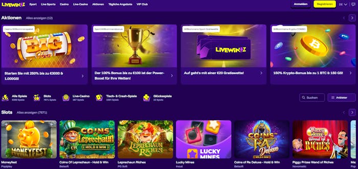 Live Winz Casino Screenshot mit der Startseite, auf welcher man die Spieleauswahl sieht.
