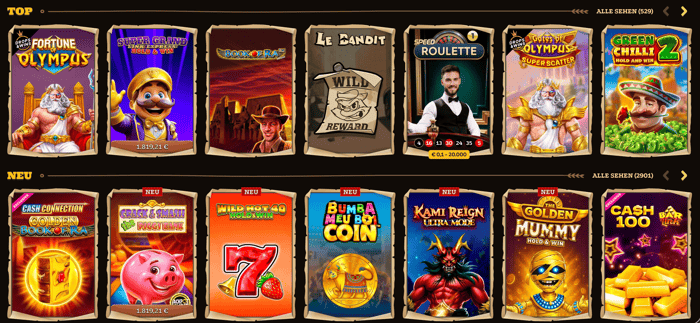Spiellobby im Lizaro Casino zeigt top Spiele wie Book of Ra