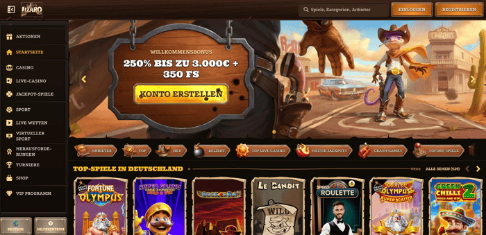 Startseite im Lizaro Casino zeigt Willkommensbonus und top Spiele in Deutschland