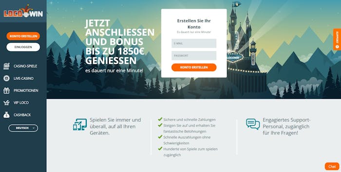  Die Homepage von Locowin Casino mit einer Beschreibung über den Willkommenbonus von bis zu 1.850 €