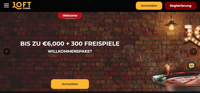 Startseite im Loft Casino zeigt Willkommenspaket neben Anmeldebutton
